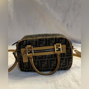 FENDI Zucca Handbag Brown Black Yellow Nylon Canvas Italy VINTAGE PRISTINE